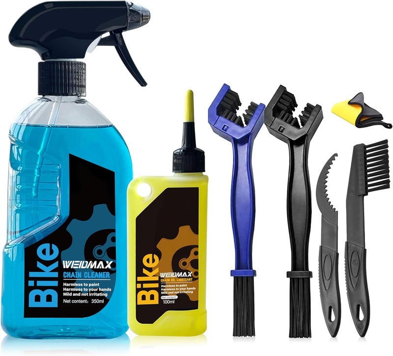 WEIDMAX 7 in 1 Bike Chain Cleaning Kit, Bike Chain Cleaner includes 350ml Degreaser Spray, 100ml Chain Lube, 4 Brushes & Towel, Bicycle Chain Cleaner for MTB/Road Bicycle - Image 1